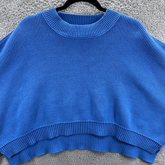 Free People Oversized Sweater Women’s Medium Blue Relaxed Ribbed Knit Cropped - Picture 4 of 11